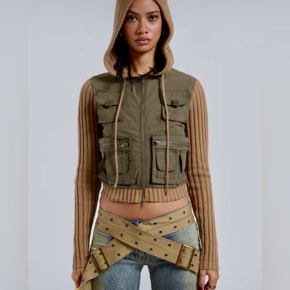 Jaded London Crosby Cargo Jacket Khaki and Camel Hooded‎ Utility Jacket Large